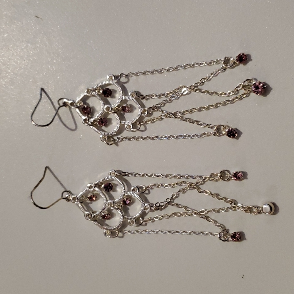 NWOT Silver-Tone Chain Chandelier and Sparkling Pink Rhinestone Earrings